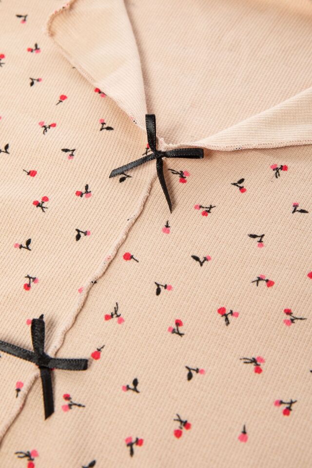 Sevgililer Günü Temalı Kadın Pamuklu Çıtır Çiçek Desenli Baby Overloklu Fiyonklu Uzun Kollu Pijama Takımı KO70142-2 - XL