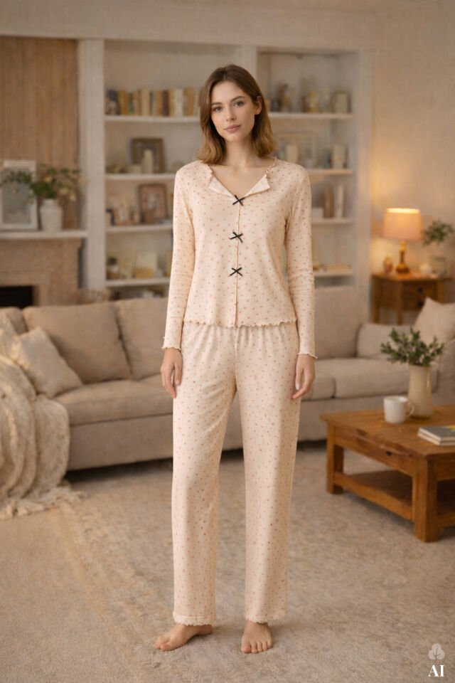 Sevgililer Günü Temalı Kadın Pamuklu Çıtır Çiçek Desenli Baby Overloklu Fiyonklu Uzun Kollu Pijama Takımı KO70142-2 - XL