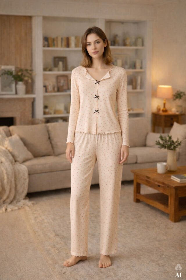 Sevgililer Günü Temalı Kadın Pamuklu Çıtır Çiçek Desenli Baby Overloklu Fiyonklu Uzun Kollu Pijama Takımı KO70142-2 - XL