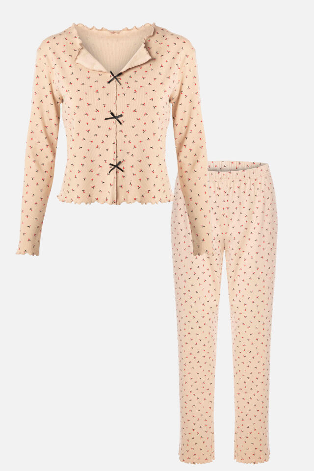 Sevgililer Günü Temalı Kadın Pamuklu Çıtır Çiçek Desenli Baby Overloklu Fiyonklu Uzun Kollu Pijama Takımı KO70142-2 - XL