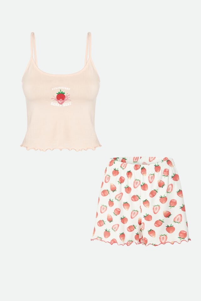 Kadın İnce Askılı Desenli Pamuklu Şortlu Pijama Takımı XL - Pembe - Ekru