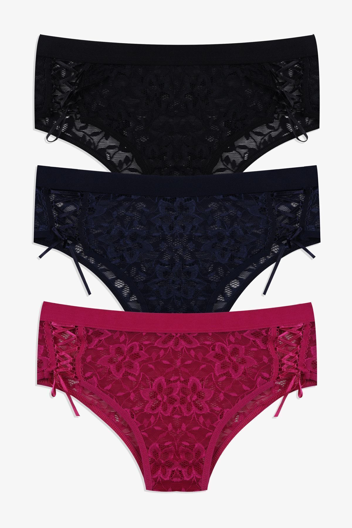 Kadın 3'lü Dantelli Yan Dekolteli Külot Siyahlacivertfusya - M