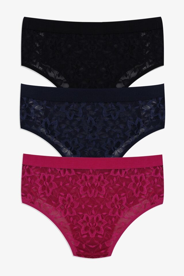 Kadın 3'lü Dantelli Yan Dekolteli Külot Siyahlacivertfusya - M