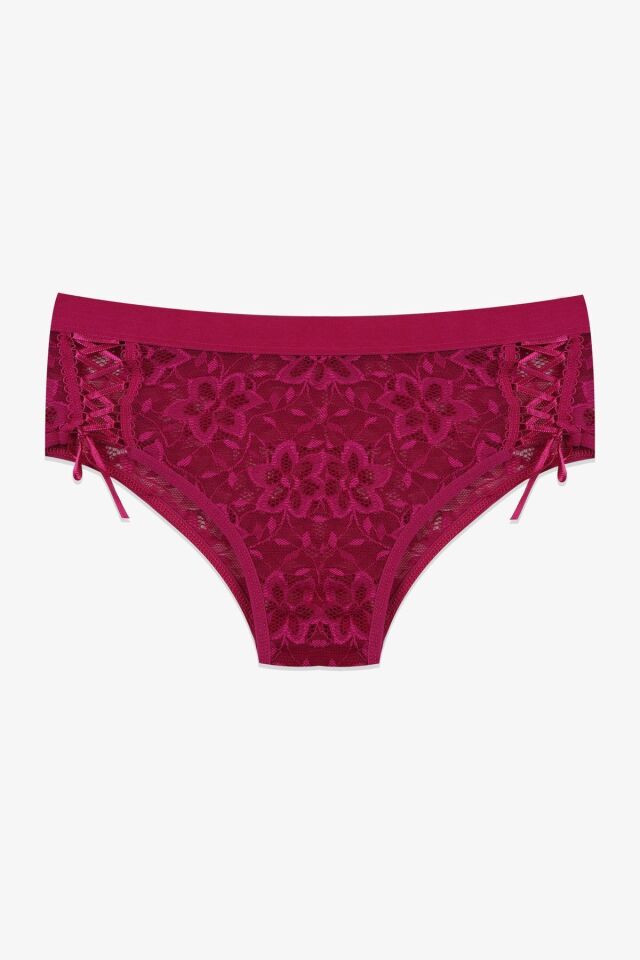 Kadın 3'lü Dantelli Yan Dekolteli Külot Siyahlacivertfusya - M