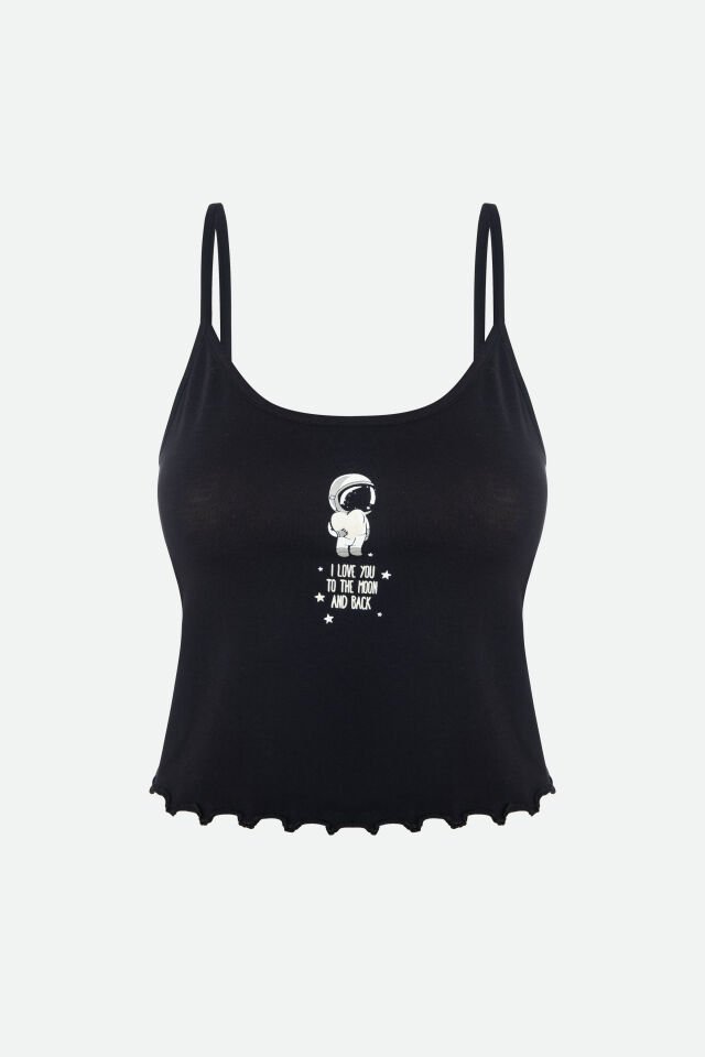 Kadın İnce Askılı Desenli Pamuklu Şortlu Pijama Takımı Ekru - Siyah