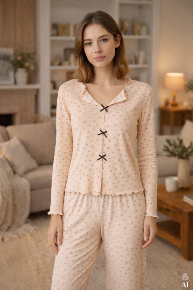 Sevgililer Günü Temalı Kadın Pamuklu Çıtır Çiçek Desenli Baby Overloklu Fiyonklu Uzun Kollu Pijama Takımı KO70142-2 - L