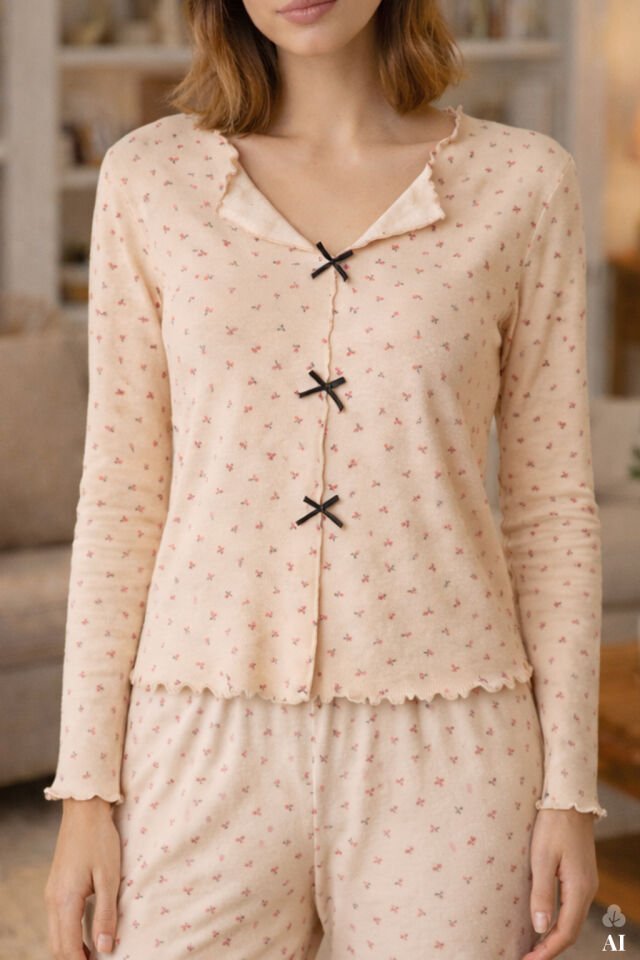 Sevgililer Günü Temalı Kadın Pamuklu Çıtır Çiçek Desenli Baby Overloklu Fiyonklu Uzun Kollu Pijama Takımı KO70142-2 - L