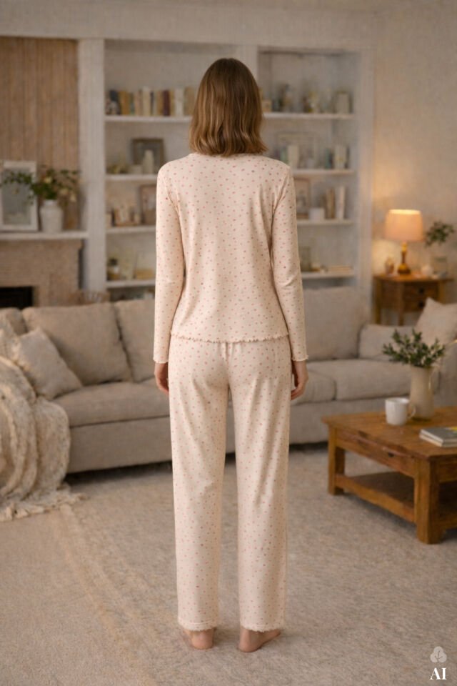 Sevgililer Günü Temalı Kadın Pamuklu Çıtır Çiçek Desenli Baby Overloklu Fiyonklu Uzun Kollu Pijama Takımı KO70142-2 - S