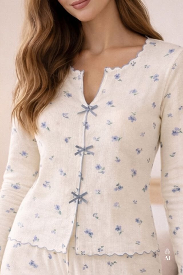 Sevgililer Günü Temalı Kadın Pamuklu Çıtır Çiçek Desenli Baby Overloklu Fiyonklu Uzun Kollu Pijama Takımı KO70142-3 - L