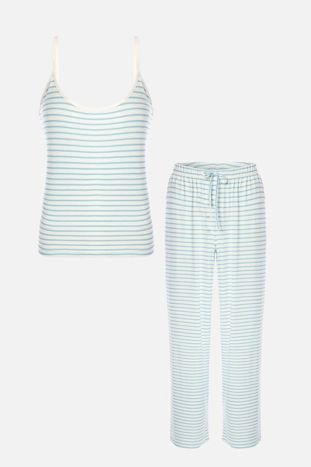 Kadın İp Askılı Viskon Çizgili Desenli Pijama Takımı KO70102 Çizgi Desen - S - KO70102 Çizgi Desen - S