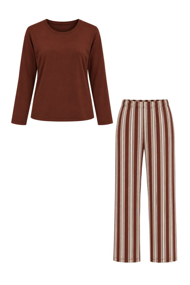Kadın Pamuklu Alt Çizgili Üst Düz Pijama Takımı Kahverengi - Ekru - XL
