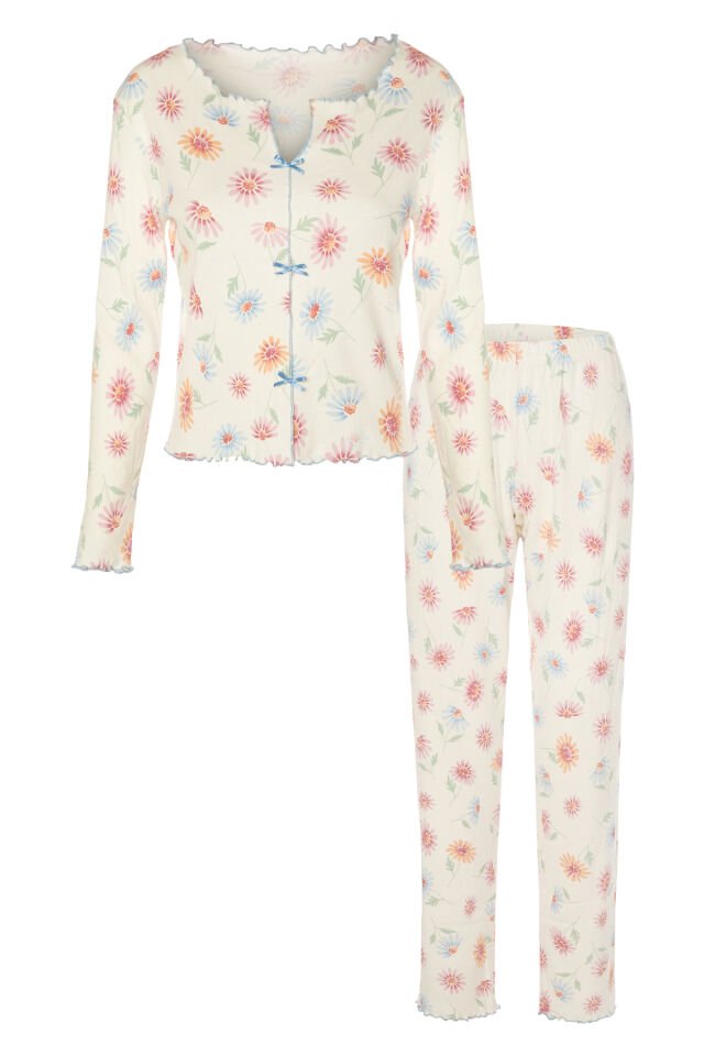 Sevgililer Günü Temalı Kadın Pamuklu Çıtır Çiçek Desenli Baby Overloklu Fiyonklu Uzun Kollu Pijama Takımı KO70142-1 - XL