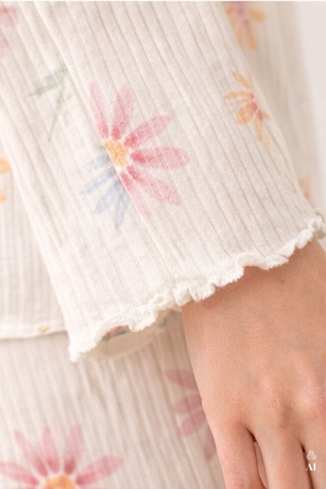 Sevgililer Günü Temalı Kadın Pamuklu Çıtır Çiçek Desenli Baby Overloklu Fiyonklu Uzun Kollu Pijama Takımı KO70142-1 - L