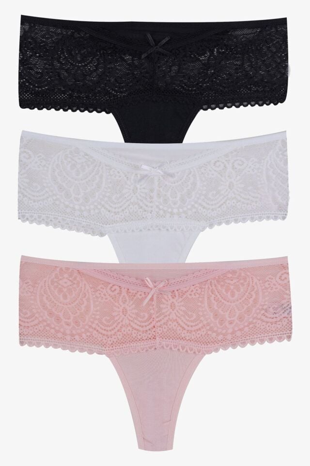 Kadın 3'lü Dantel Detaylı Tanga Siyahbeyazpudra - M