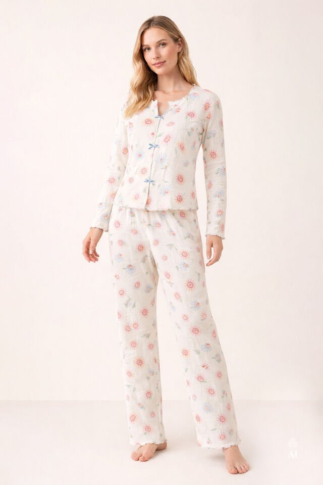 Sevgililer Günü Temalı Kadın Pamuklu Çıtır Çiçek Desenli Baby Overloklu Fiyonklu Uzun Kollu Pijama Takımı KO70142-1 - S