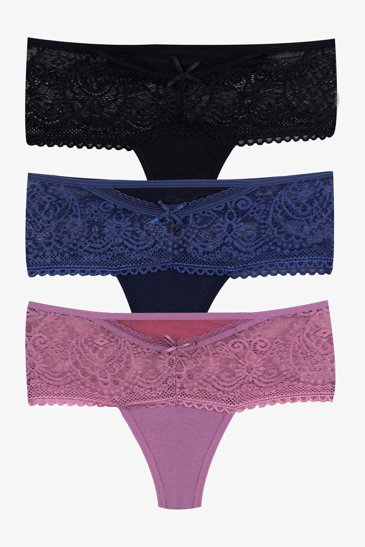 Kadın 3'lü Dantel Detaylı Tanga Siyahindigogkurusu - M