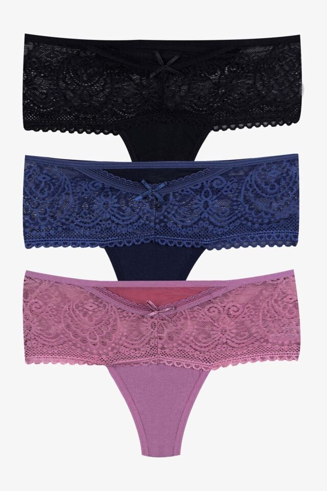 Kadın 3'lü Dantel Detaylı Tanga Siyahindigogkurusu - M