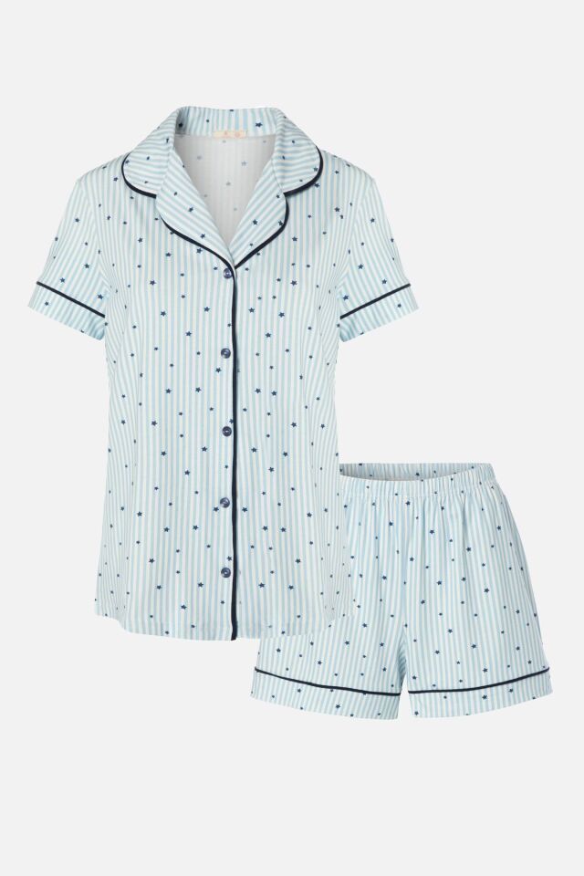 Kadın Gömlek Yaka Kısa Kollu Pamuklu Yıldız Desenli Şortlu Pijama Takımı KO70100 Yıldız Desen - S - S - KO70100 Yıldız Desen