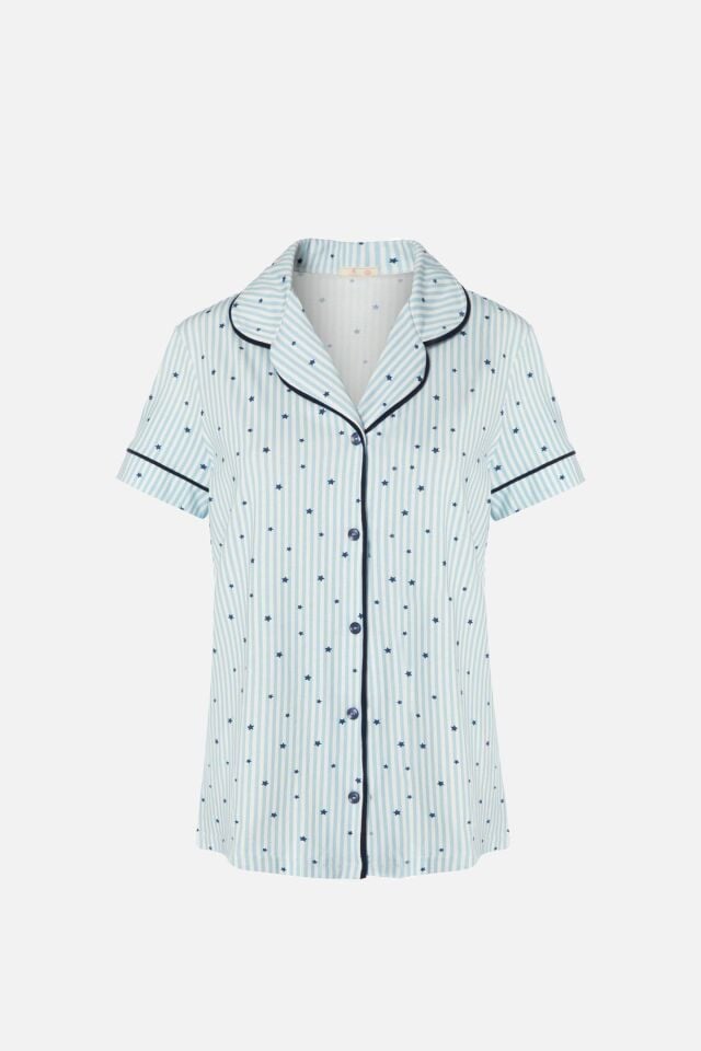 Kadın Gömlek Yaka Kısa Kollu Pamuklu Yıldız Desenli Şortlu Pijama Takımı KO70100 Yıldız Desen - S - S - KO70100 Yıldız Desen