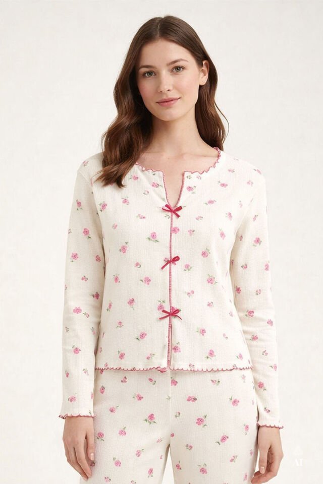 Sevgililer Günü Temalı Kadın Pamuklu Çıtır Çiçek Desenli Baby Overloklu Fiyonklu Uzun Kollu Pijama Takımı KO70142 Çiçek Desenli - XL