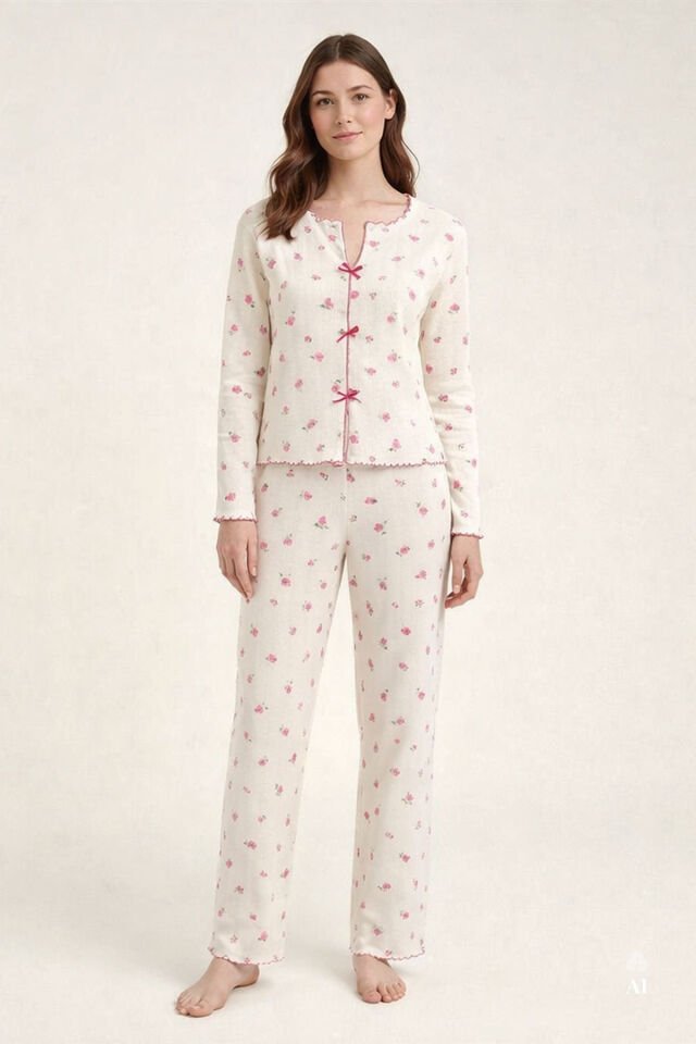 Sevgililer Günü Temalı Kadın Pamuklu Çıtır Çiçek Desenli Baby Overloklu Fiyonklu Uzun Kollu Pijama Takımı KO70142 Çiçek Desenli - XL