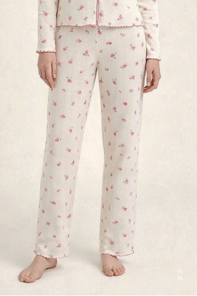Sevgililer Günü Temalı Kadın Pamuklu Çıtır Çiçek Desenli Baby Overloklu Fiyonklu Uzun Kollu Pijama Takımı KO70142 Çiçek Desenli - XL