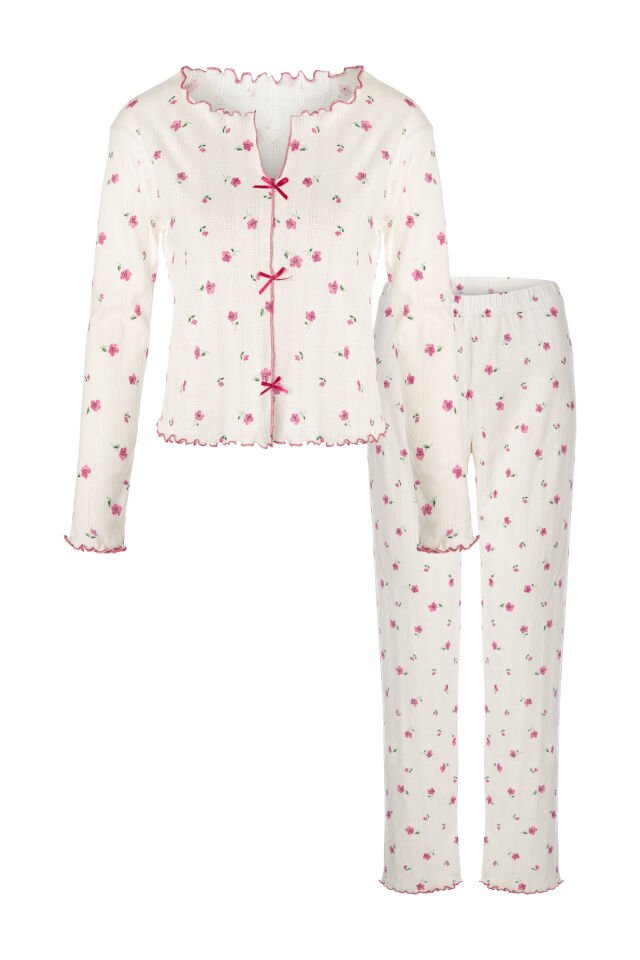 Sevgililer Günü Temalı Kadın Pamuklu Çıtır Çiçek Desenli Baby Overloklu Fiyonklu Uzun Kollu Pijama Takımı KO70142 Çiçek Desenli - XL