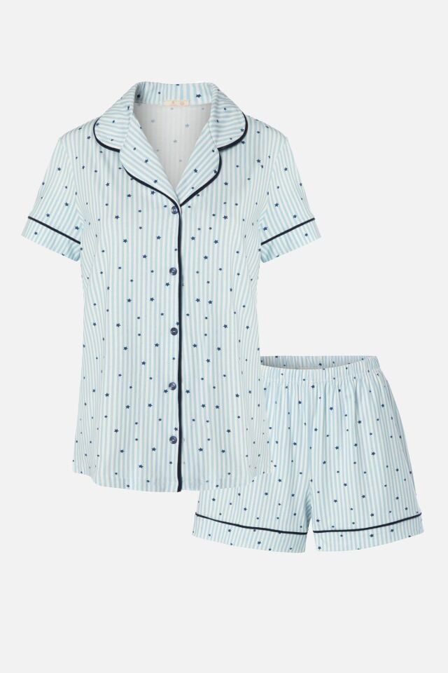 Kadın Gömlek Yaka Kısa Kollu Pamuklu Yıldız Desenli Şortlu Pijama Takımı KO70100 Yıldız Desen - XL - XL - KO70100 Yıldız Desen