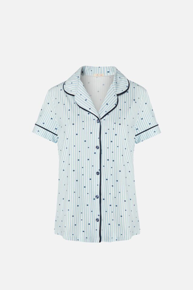 Kadın Gömlek Yaka Kısa Kollu Pamuklu Yıldız Desenli Şortlu Pijama Takımı KO70100 Yıldız Desen - XL - XL - KO70100 Yıldız Desen