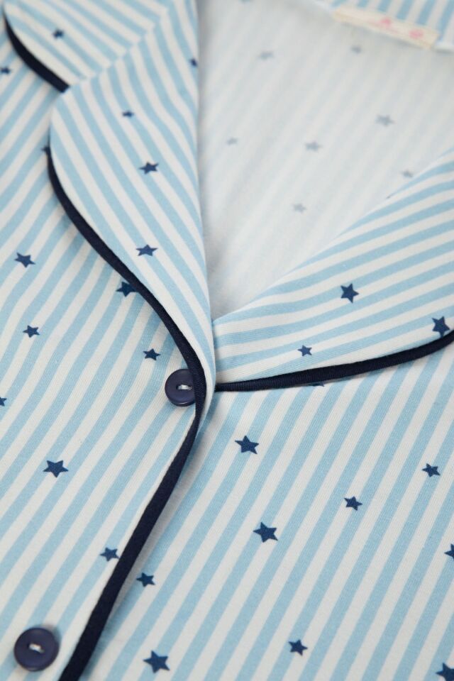 Kadın Gömlek Yaka Kısa Kollu Pamuklu Yıldız Desenli Şortlu Pijama Takımı KO70100 Yıldız Desen - M - M - KO70100 Yıldız Desen