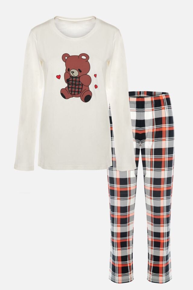 Kadın Pamuklu Ekose Desenli Ayıcık Baskılı Uzun Kollu Pijama Takımı Desenli - S