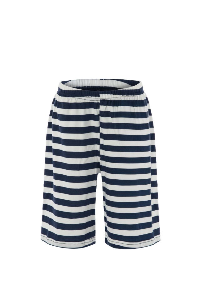 Erkek Çocuk Pamuklu Kısa Kollu Üst Astronot Baskılı Alt Çizgili Şortlu Takım Mavi - Beyaz - 3-4 Yaş