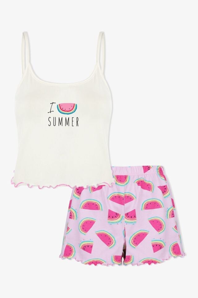 Kadın Pamuklu Karpuz Desenli Şortlu Pijama Takımı KO70126 Karpuz Desen - L