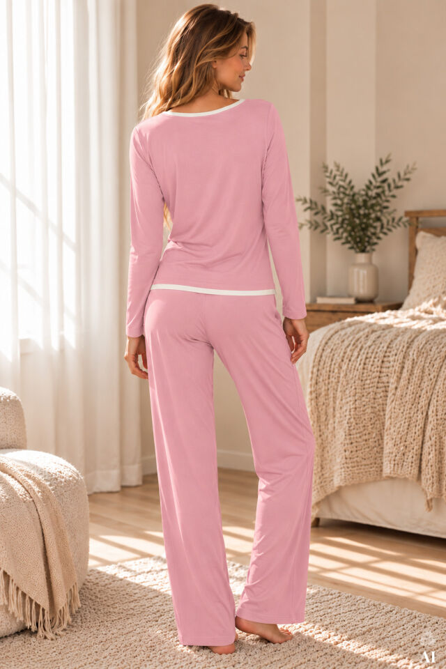 Kadın Fiyonklu Duble Yaka Bant Detaylı Uzun Kollu Pijama Takımı Pembe - Beyaz - XL
