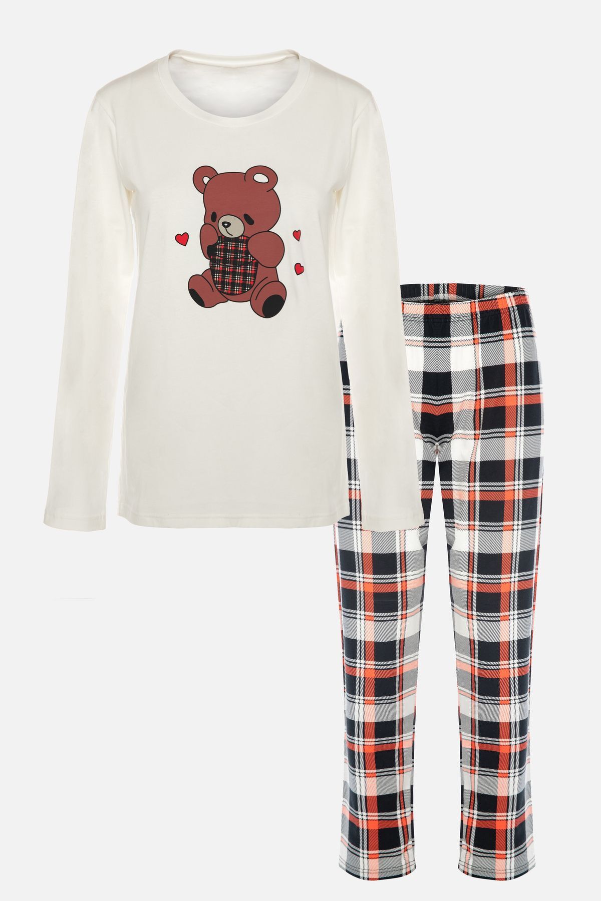 Kadın Pamuklu Ekose Desenli Ayıcık Baskılı Uzun Kollu Pijama Takımı Desenli - M