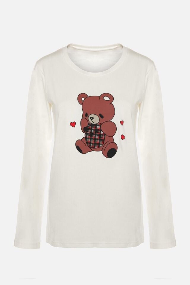 Kadın Pamuklu Ekose Desenli Ayıcık Baskılı Uzun Kollu Pijama Takımı Desenli - M