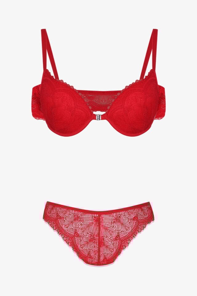 Sevgililer Günü Temalı Kadın Yarım Dolgulu Önden Açılabilir Dantelli Sütyen Takım