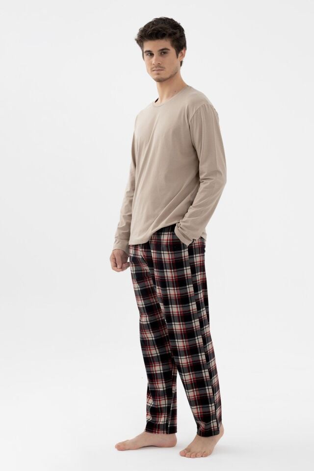 Erkek Pamuklu Uzun Kollu Basic Siyah - Vizon Ekose Desenli Cep Detaylı Pijama Takımı