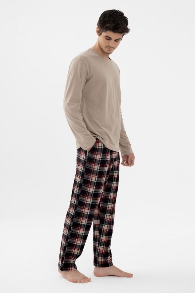 Erkek Pamuklu Uzun Kollu Basic Siyah - Vizon Ekose Desenli Cep Detaylı Pijama Takımı