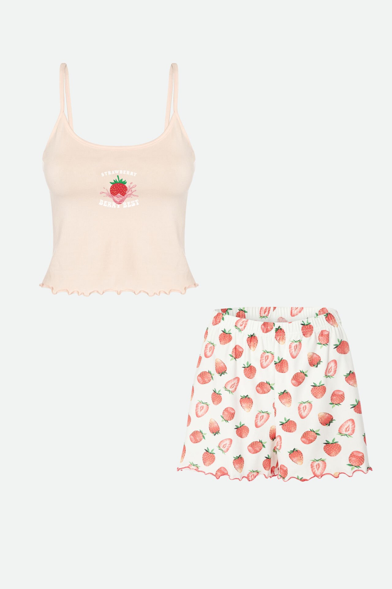 Kadın İnce Askılı Desenli Pamuklu Şortlu Pijama Takımı M - Pembe - Ekru