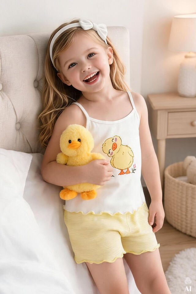Kız Çocuk Pamuklu Desenli İp Askılı Pijama Takımı