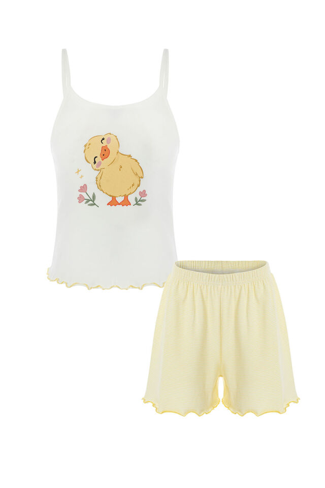 Kız Çocuk Pamuklu Desenli İp Askılı Pijama Takımı