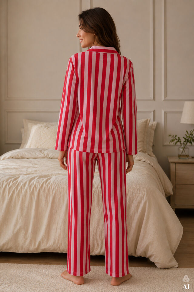 Kadın Çizgili Gömlek Yakalı Pijama Takımı Çok Renkli - 2XL - Çok Renkli - 2XL