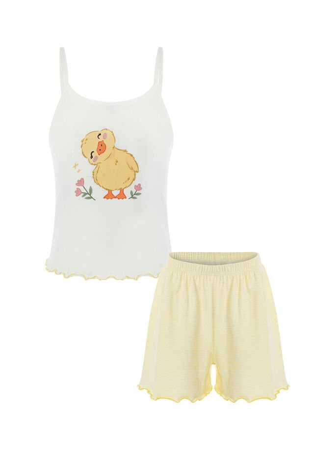 Kız Çocuk Pamuklu Desenli İp Askılı Pijama Takımı Sarı - Beyaz - 5-6 Yaş