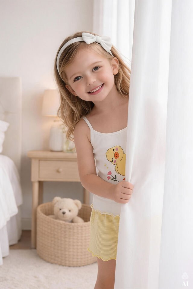 Kız Çocuk Pamuklu Desenli İp Askılı Pijama Takımı Sarı - Beyaz - 7-8 Yaş