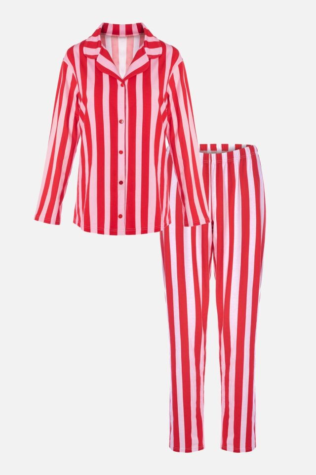 Kadın Çizgili Gömlek Yakalı Pijama Takımı Çok Renkli - XL - Çok Renkli - XL