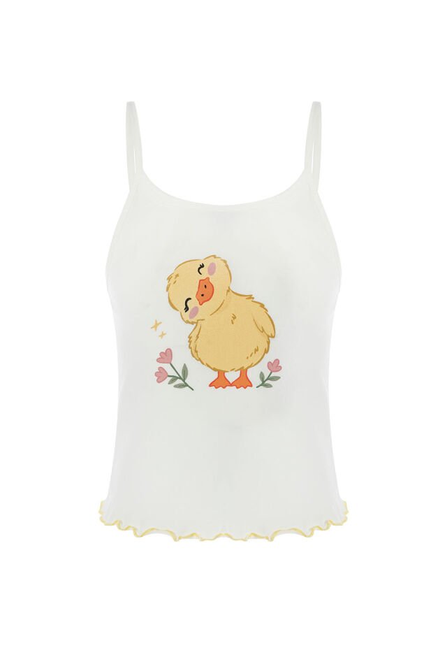 Kız Çocuk Pamuklu Desenli İp Askılı Pijama Takımı Sarı - Beyaz - 9-10 Yaş