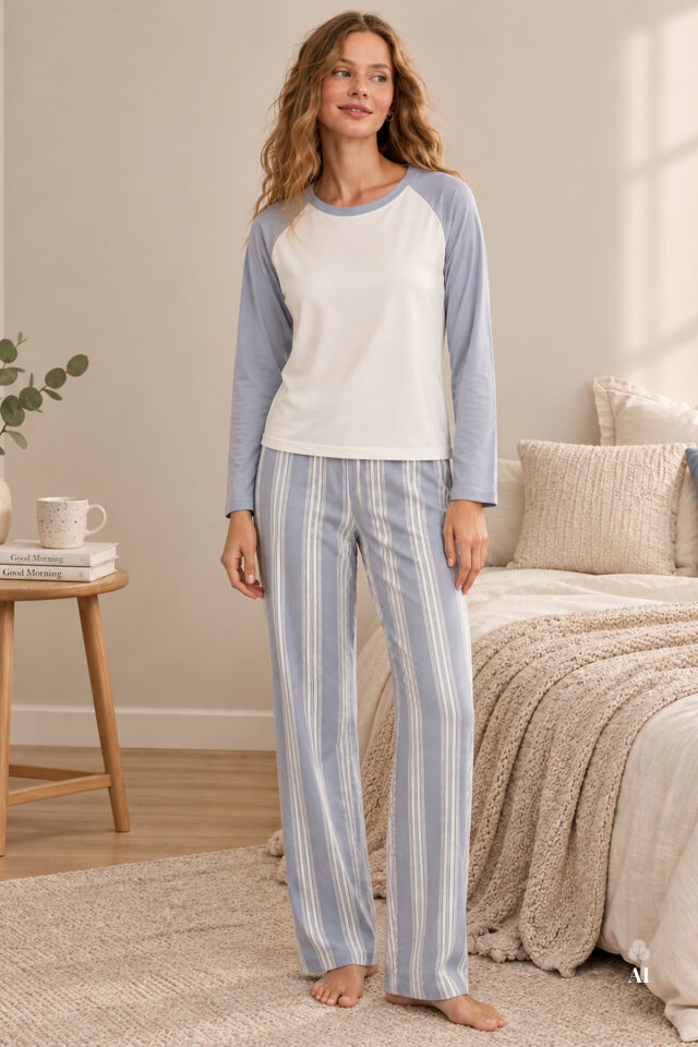 Kadın Pamuklu Reglan Kol Çizgili Uzun Kollu Pijama Takımı Mavi - Beyaz - XL