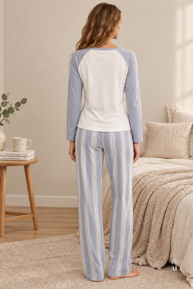 Kadın Pamuklu Reglan Kol Çizgili Uzun Kollu Pijama Takımı Mavi - Beyaz - XL