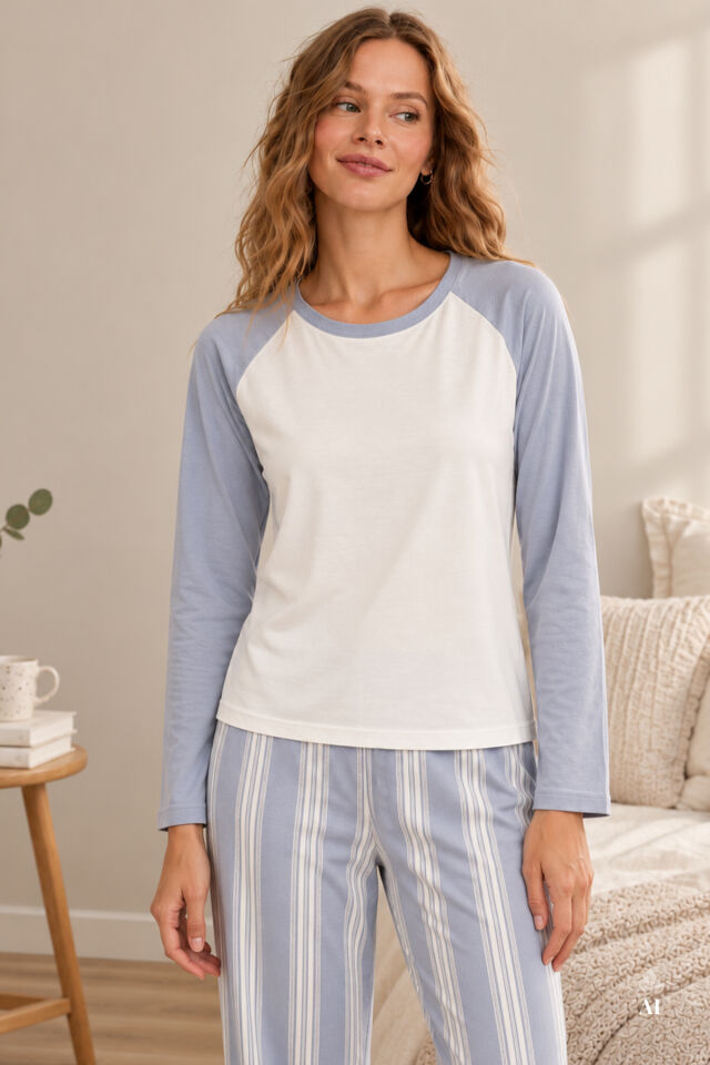 Kadın Pamuklu Reglan Kol Çizgili Uzun Kollu Pijama Takımı Mavi - Beyaz - XL